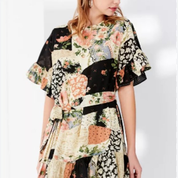 UO Patchwork Ruffle Tie Dress M - Picture 1 of 10